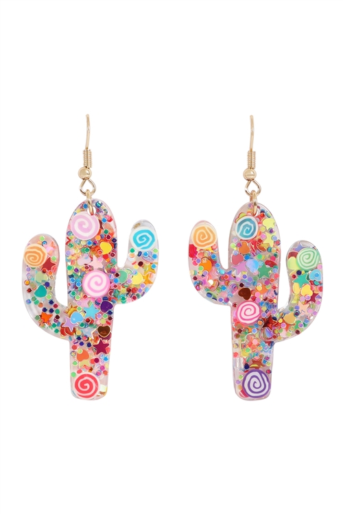 S1-4-3-28451LMU-G - CACTUS  RESIN GLITTER CANDY STUD EARRING-LIGHT MULTICOLOR/1PC