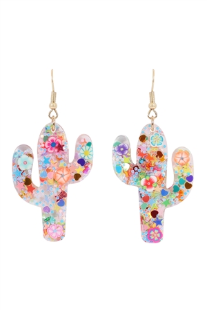 S1-3-4-28451WHM-G - CACTUS  RESIN GLITTER CANDY STUD EARRING-WHITE MULTICOLOR/1PC