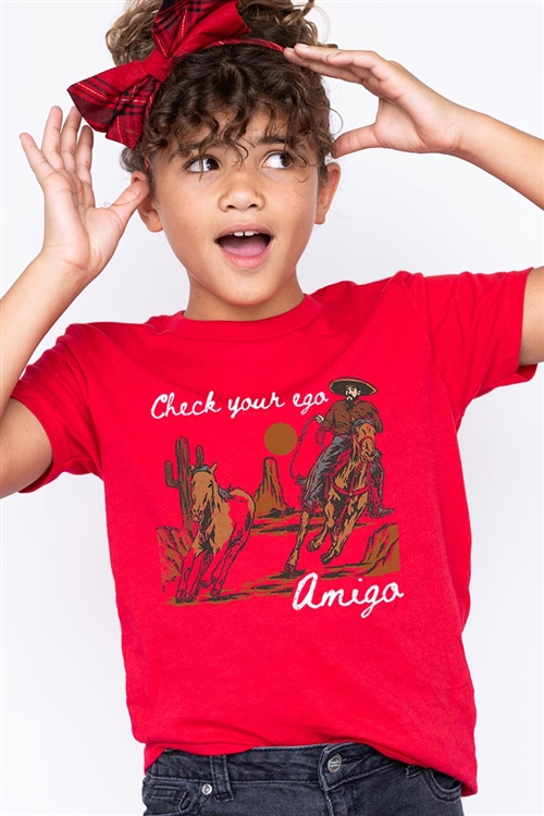 PO-3001Y-E2316Z-RE - CHECK YOUR EGO AMIGO COWBOY WESTERN KIDS GRAPHIC T SHIRTS- RED-2-2-2-2