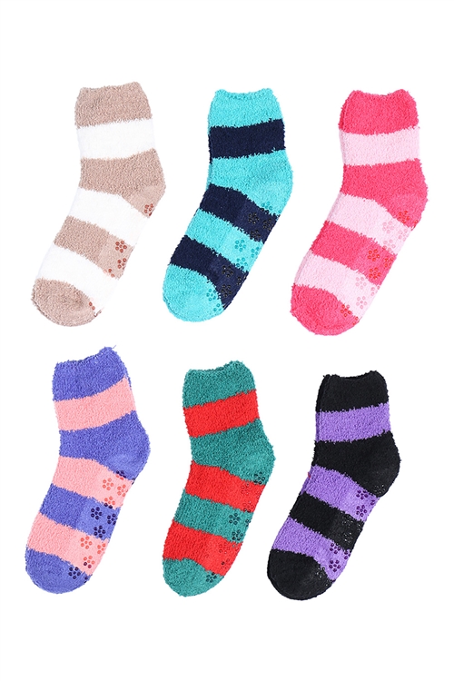 S24-6-6-30302STRIPE-A - PLUSH SOFT SOCKS NON SKID STRIPE ASSORTED SET/12PCS