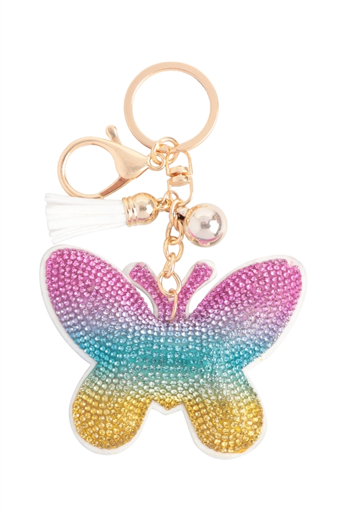 S1-1-5-31143MU-G - MULTICOLOR BUTTERFLY RHINESTONE TASSEL KEYCHAIN/6PCS