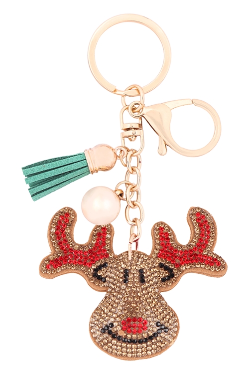 A1-1-3-31216X-G - RHINESTONE CHRISTMAS RUDOLPH KEYCHAIN - GOLD/6PCS