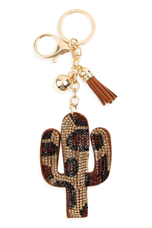 S1-1-3-31221STOM-G - CACTUS W/ TASSEL RHINESTONE KEYCHAIN - LEOPARD/1PC