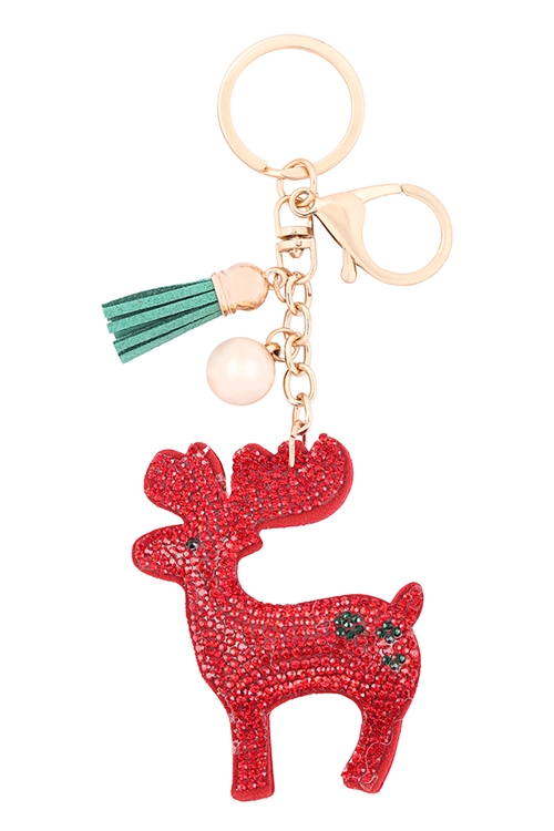 A1-1-3-31247XLSI-G - RHINESTONE REINDEER W/TASSEL KEYCHAIN - RED GOLD/6PCS