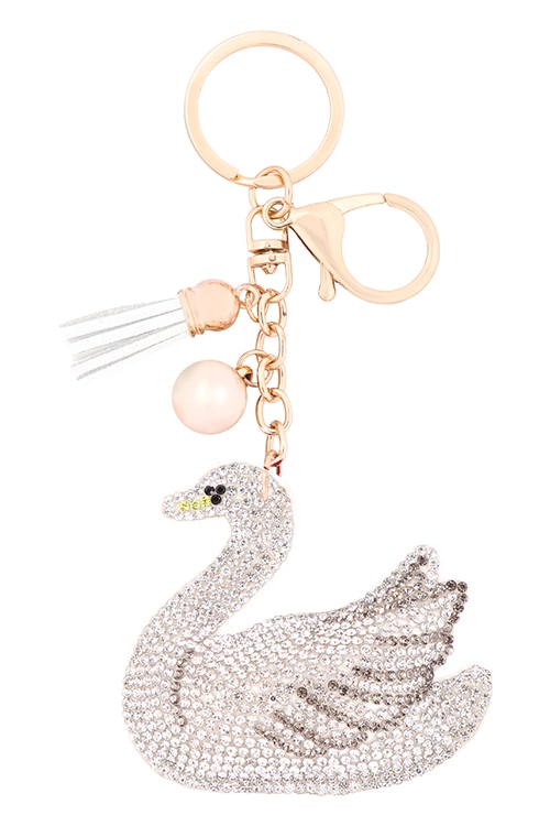 A1-1-3-31275WH-G - RHINESTONE SWANS W/ TASSEL KEYCHAIN - WHITE GOLD/6PCS