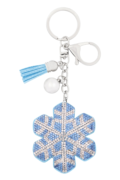 A1-1-3-31335XLSA-S - RHINESTONE SUEDE SNOWFLAKE TASSEL KEYCHAIN-BLUE/6PCS