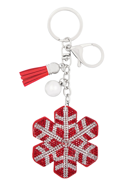 A3-3-4-31335XLSI-S - RHINESTONE SUEDE SNOWFLAKE TASSEL KEYCHAIN-RED/6PCS