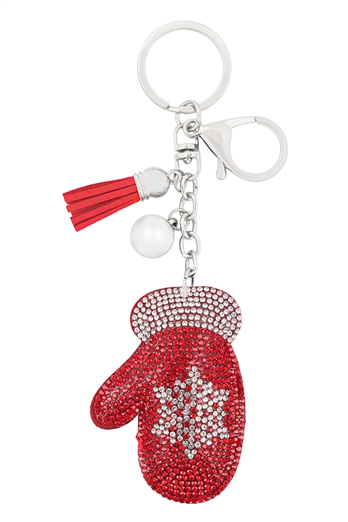 A1-1-3-31337XLSI-S - RHINESTONE SNOWFLAKE GLOVE TASSEL KEYCHAIN/6PCS