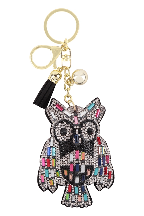 S18-10-4-31579MU-G - OWL BAGUETTE STONE KEYCHAIN - MULTICOLOR GOLD/6PCS