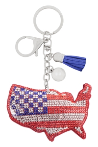 SA3-4-3-31623LSI-R - USA MAP SUEDE RHINESTONE KEYCHAIN - SILVER/1PC
