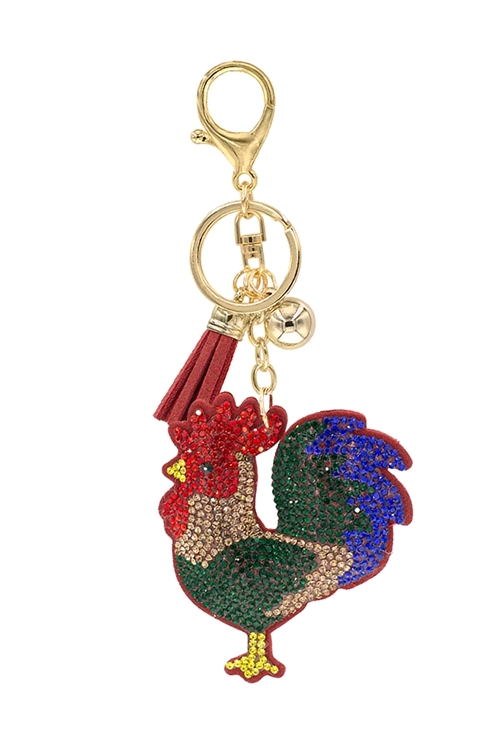 S21-10-3-31646LSI-G - COLORFUL ROOSTER RHINESTONE TASSEL KEYCHAIN-MULTICOLOR/6PCS