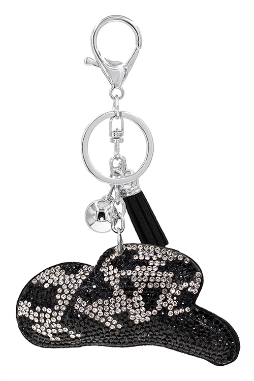 S1-5-4-31668JT-R - SUEDE COWBOY HAT RHINESTONE TASSEL KEYCHAIN-BLACK/6PCS