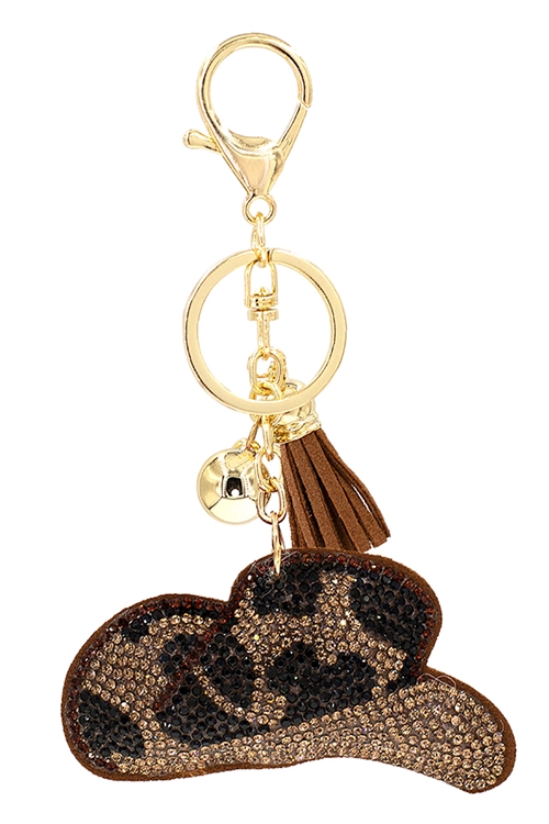 S1-5-4-31668LCT-G - SUEDE COWBOY HAT RHINESTONE TASSEL KEYCHAIN-BROWN/6PCS