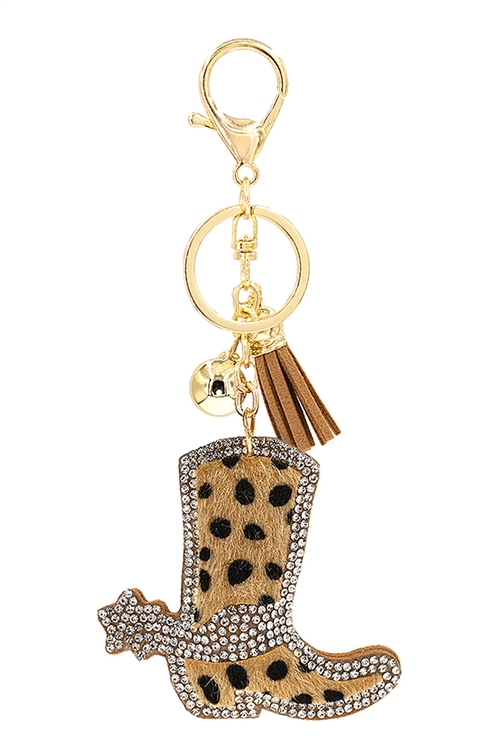 S1-5-4-31669LCT-G - ANIMAL PRINT SUEDE BOOTS RHINESTONE TASSEL KEYCHAIN-CHEETAH BROWN/6PCS