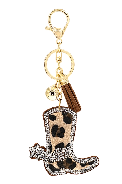 S1-5-4-31669STO-G - ANIMAL PRINT SUEDE BOOTS RHINESTONE TASSEL KEYCHAIN-LEOPARD  BROWN/6PCS