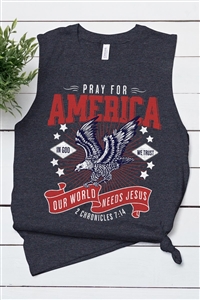 PO-3483-E2275-DGRE - EAGLE PRAY FOR AMERICA CHRISTIAN GRAPHIC MUSCLE TANK TOP- D.GREY H-2-2-2