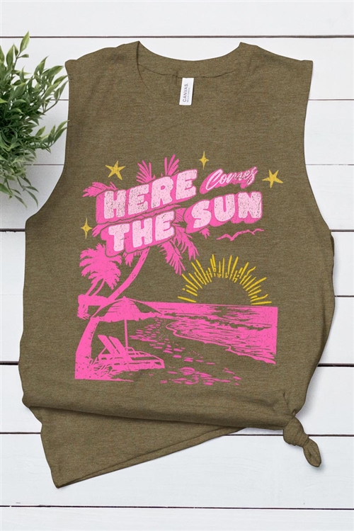 PO-3483-E2328-HOLI - HERE COMES THE SUN BEACH SUMMER GRAPHIC MUSCLE TANK TOP- H.OLIVE-2-2-2