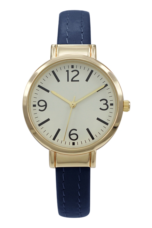 S22-1-5-47575BLU-VEGAN-GOLDCASE - BLUE VEGAN LEATHER CUFF BANGLE WATCH W/ GOLD CASE & GOLD DIAL/3PCS