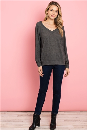 S13-7-2- T26875 - V-NECK KNIT TOP- CHARCOAL 2-2-2