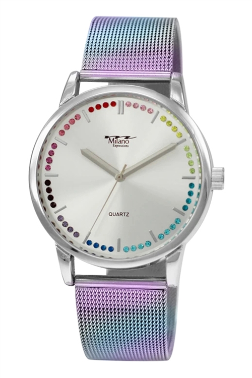 S22-1-4-49515MESH-BAND-SILVERCASE - MILANO EXPRESSIONS IRIDESCENT MESH BAND WATCH WITH SILVER CASE AND SILVER DIAL/3PCS