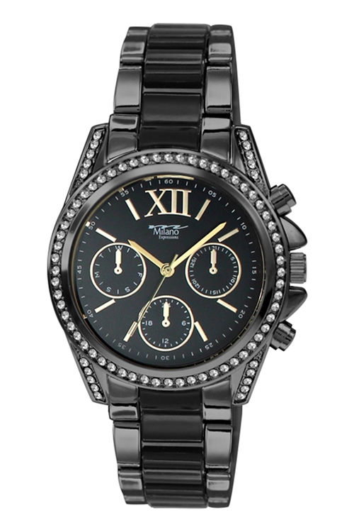 S22-1-5-49636BLK - MILANO EXPRESSIONS BLACK METAL BAND WATCH W/ PAVED BLACK CASE & BLACK DIAL/3PCS