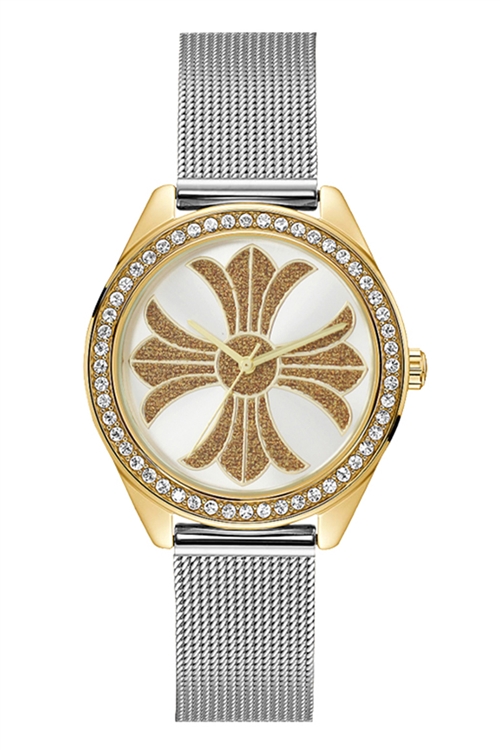 S22-1-5-49673SILVER-MESH-GOLDCASE - MILANO EXPRESSIONS SILVER MESH BAND WATCH W/ GOLD CASE & GOLD SILVER DIAL/3PCS