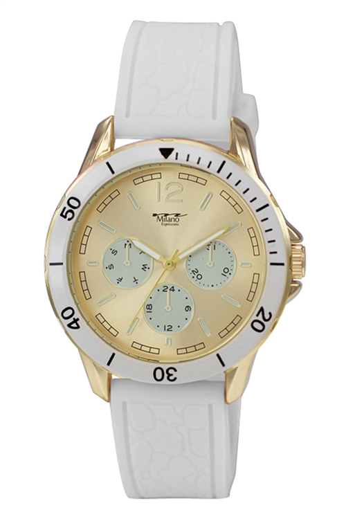 S22-1-6-49782WHT-SILICON-WHT-GDCASE - MILANO EXPRESSIONS WHITE SILICON BAND WATCH WITH GOLD CASE/3PCS