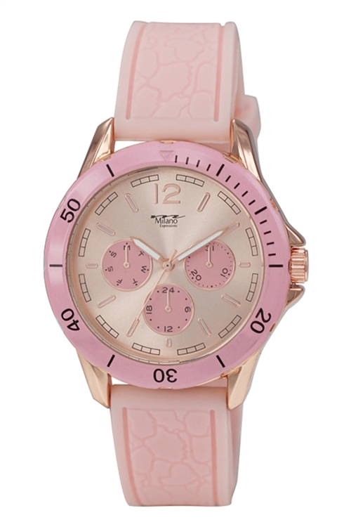 S22-1-6-49783PINKS-GOLDCASE - MILANO EXPRESSIONS PINK SILICON BAND WATCH W/ GOLD CASE/3PCS