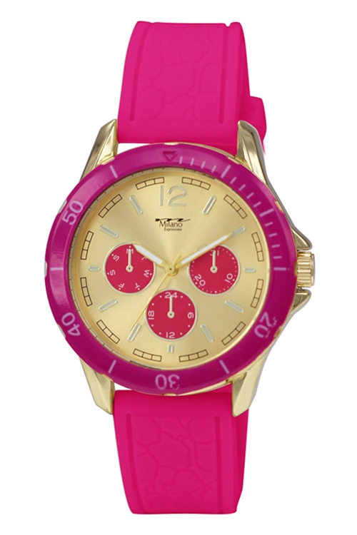 S22-1-6-49784HOTPINK-SILICON-GOLDCASE - MILANO EXPRESSIONS HOT PINK SILICON BAND WATCH W/ GOLD CASE/3PCS