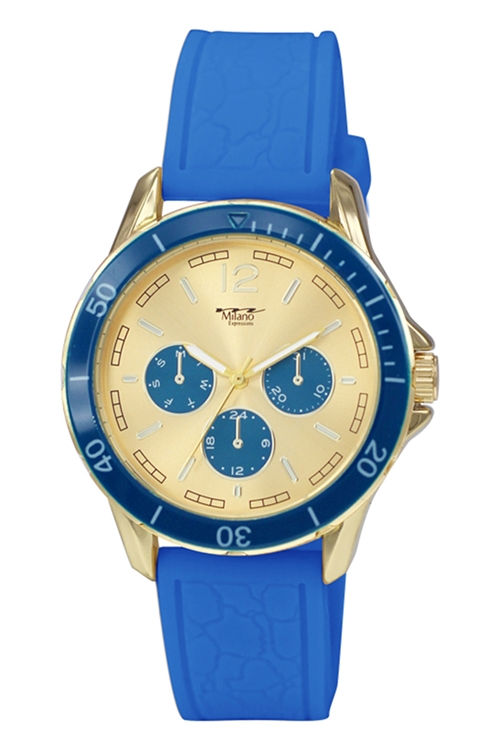 S22-1-6-49785BLUE-SILIICON-GOLDCASE - MILANO EXPRESSIONS BLUE SILICON BAND WATCH W/ GOLD CASE/3PCS