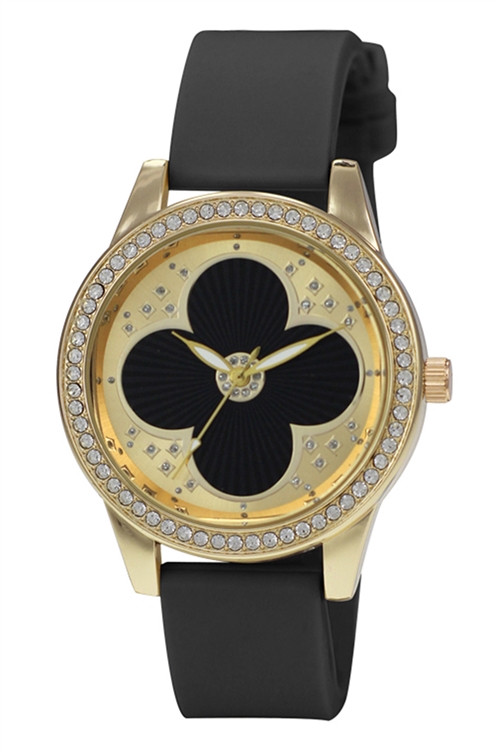 S22-1-5-49826BLK-SILICON-GOLDCASE - MILANO EXPRESSIONS BLACK SILICON BAND WATCH W/ GOLD CASE & BLACK DIAL/3PCS