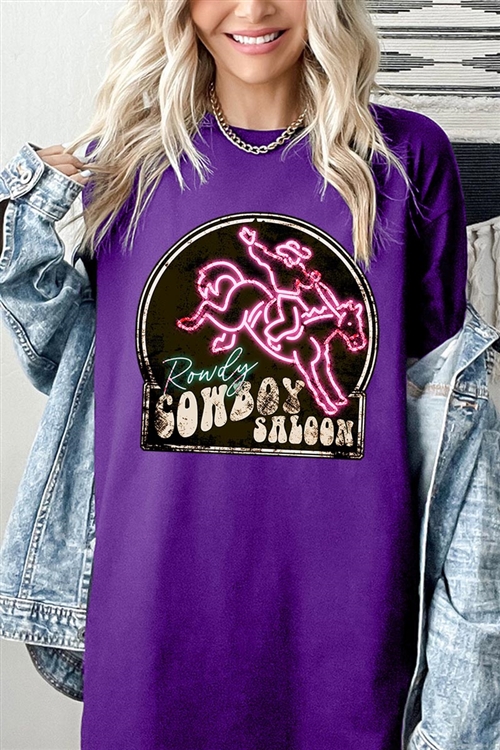 PO-5000-E2327-PU - COWBOY SALOON NEON SIGN GRAPHIC HEAVYWEIGHT T SHIRTS- PURPLE-2-2-2-2