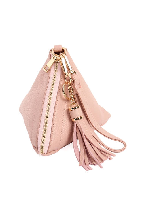 S17-6-4-7092LPINK- LIGHT PINK PYRAMID SHAPE TASSEL WRISTLET LEATHER  BAG/1PC