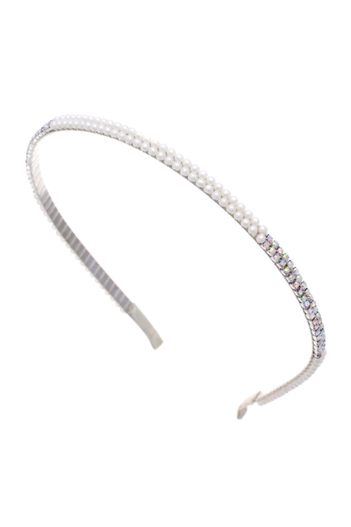 SA4-2-5-71669WHAB-S - PEARL HEADBAND W/ RHINESTONE - WHITE AB SILVER/6PCS