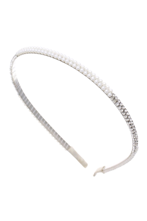 S5-5-5-71669WHCR-S - PEARL HEADBAND W/ RHINESTONE - WHITE CRYSTAL SILVER/6PCS