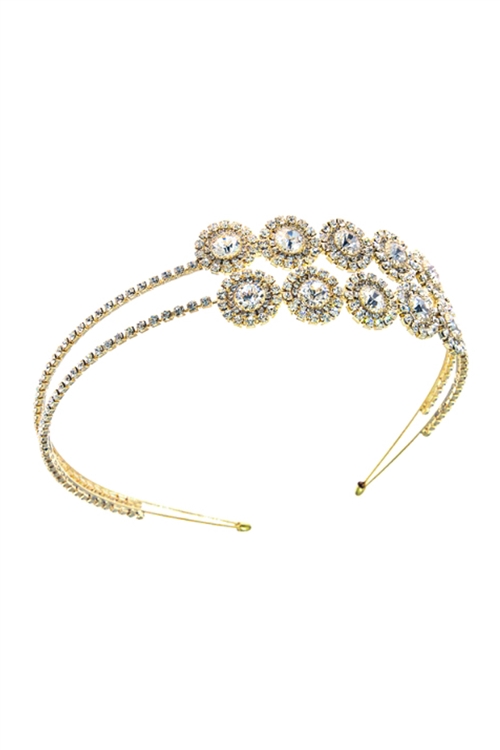 S17-7-3-71787CR-G - RHINESTONE FLOWER 2 LINE HEADBAND HAIR ACCESSORIES - CRYSTAL GOLD/6PCS