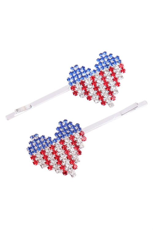 S1-7-2-71885MU-S - HEART AMERICAN FLAG ACCENT RHINESTONE HAIR PIN/6PCS