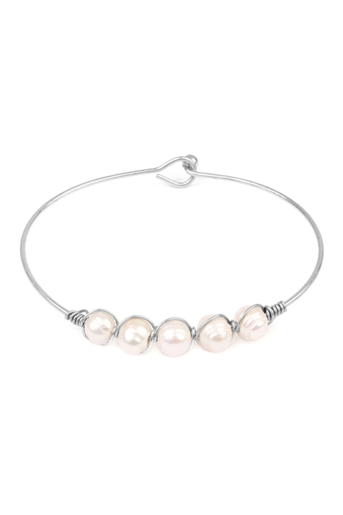 A1-1-2-83321WH-S - 6MM 5 FRESH WATER PEARL WIRE BRACELET-WHITE SILVER/1PC
