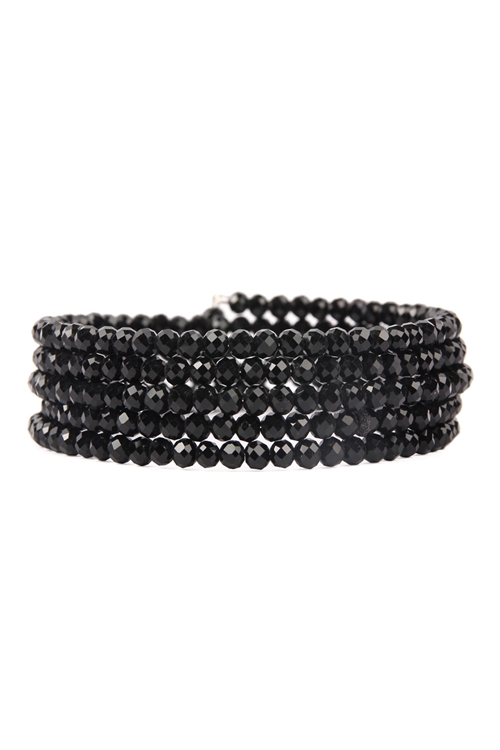 A1-1-2-83379JT JET BLACK 4mm BEAD 5 LINE MEMORY WIRE BRACELET/6PCS