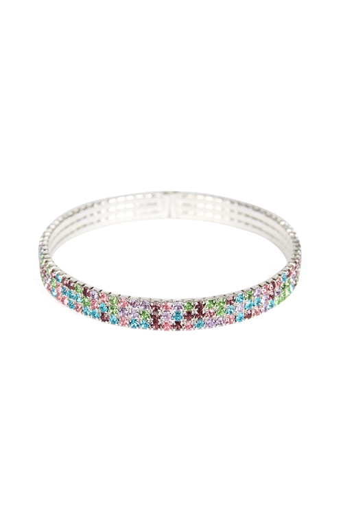 S22-6-4-83422LMU-S - 3 ROW MEMORY WIRE BANGLE BRACELET- SILVER MULTICOLOR /6PCS