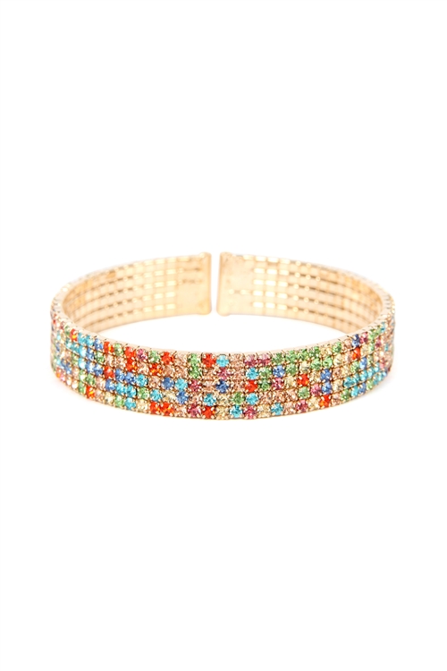 S22-6-4-83423AQM-G - 5 ROW MEMORY WIRE CUFF BRACELET - GOLD MULTICOLOR/6PCS