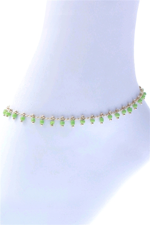 A2-3-3-83539ALI-G - SEED BEAD DROP CHARM ANKLET - LIGHT GREEN GOLD/1PC