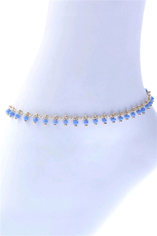 A2-3-3-83539ALSA-G - SEED BEAD DROP CHARM ANKLET - LIGHT BLUE GOLD/1PC