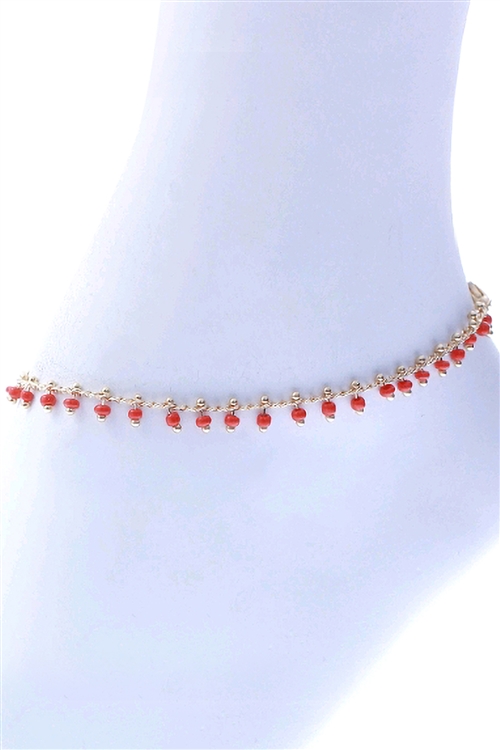 A2-3-3-83539ALSI-G - SEED BEAD DROP CHARM ANKLET - RED GOLD/1PC