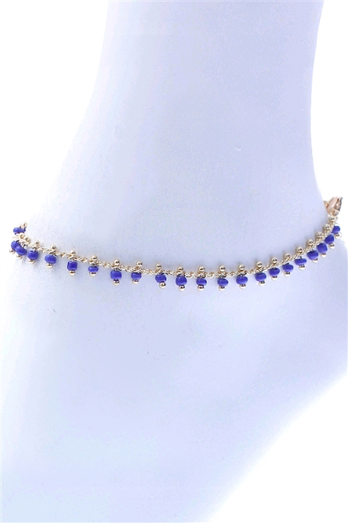 A2-3-5-83539ASA-G - SEED BEAD DROP CHARM ANKLET - BLUE GOLD/1PC