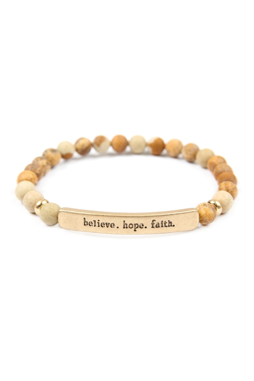 S6-5-3-83587LCT-WG -  BELIEVE HOPE FAITH NATURAL STONE STRETCH BRACELET - GOLD BROWN/1PC