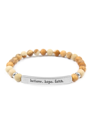S6-6-3/S5-5-2-83587LCT-WS -  BELIEVE HOPE FAITH NATURAL STONE STRETCH BRACELET - SILVER BROWN/1PC