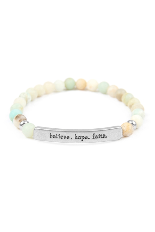 S5-5-2-83587POM-WS -  BELIEVE HOPE FAITH NATURAL STONE STRETCH BRACELET - SILVER AMAZONITE/1PC