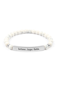 S5-5-2-83587WH-WS -  BELIEVE HOPE FAITH NATURAL STONE STRETCH BRACELET - SILVER WHITE/1PC
