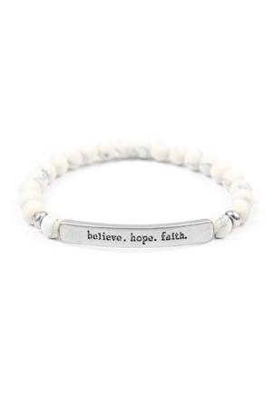 S5-5-2-83587WH-WS -  BELIEVE HOPE FAITH NATURAL STONE STRETCH BRACELET - SILVER WHITE/1PC